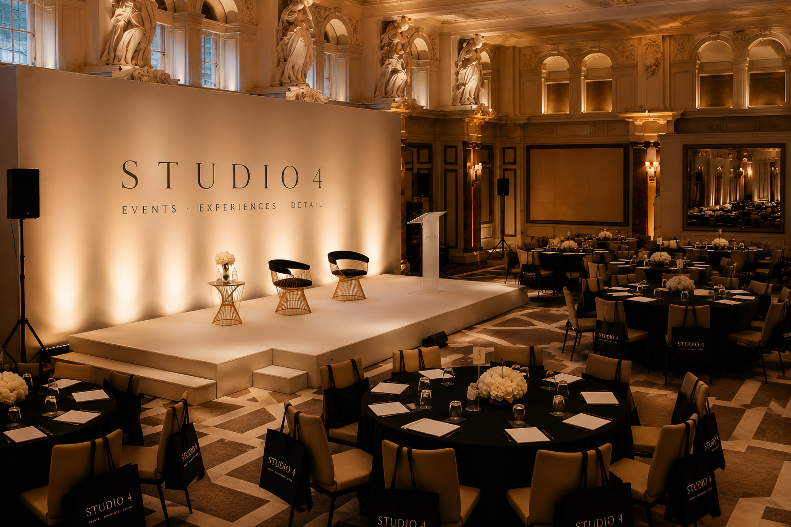 A polished launch setup in a grand room: a low stage with two chairs and a lectern, round tables in black linen, white florals and branded gift bags, all lit with warm uplight