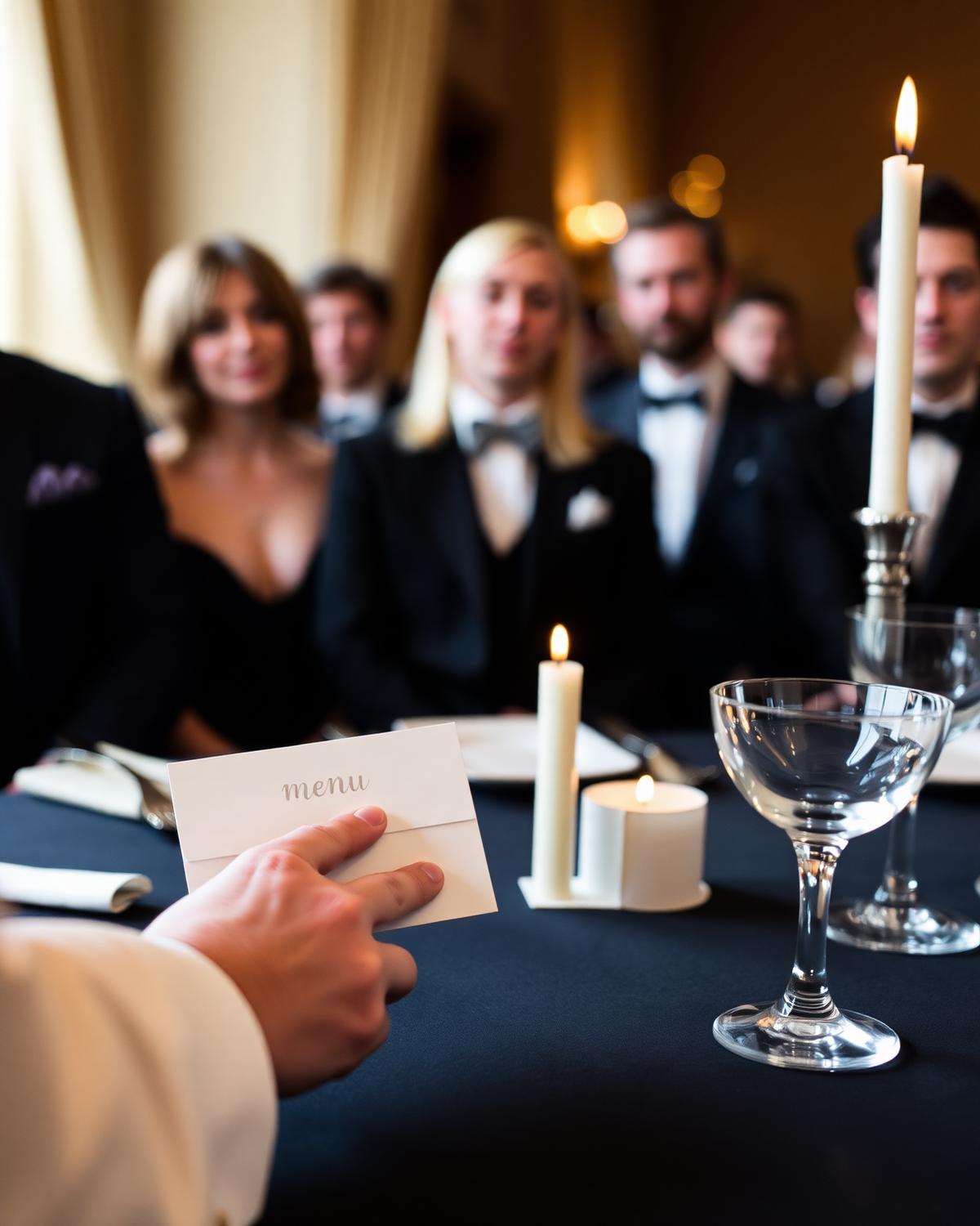 A hand placing a menu card beside candlelight as guests take their seats