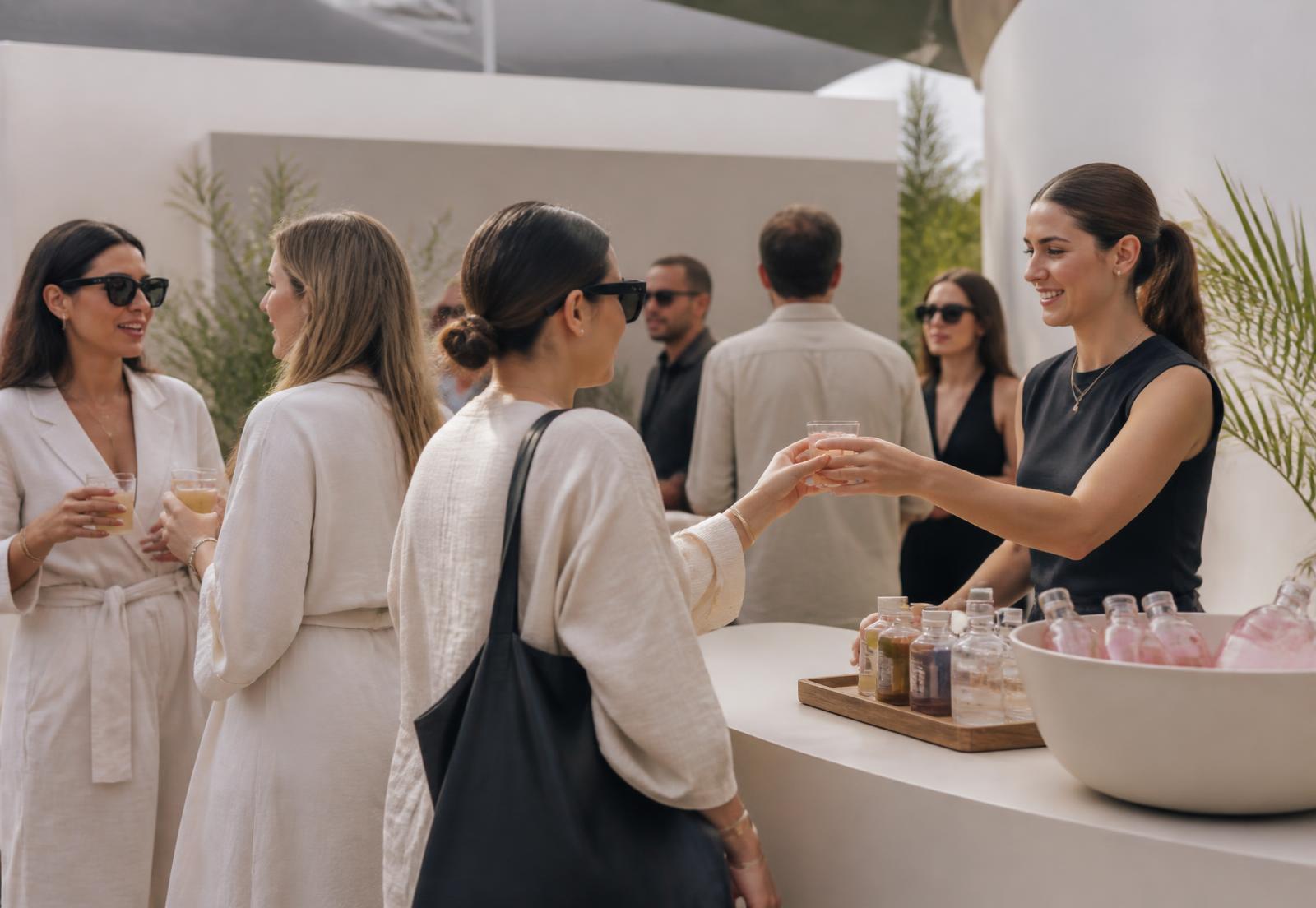 A host handing a drink to a guest at a minimal daytime brand pop-up