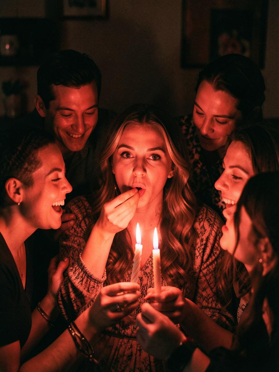 A guest blowing out birthday candles surrounded by friends