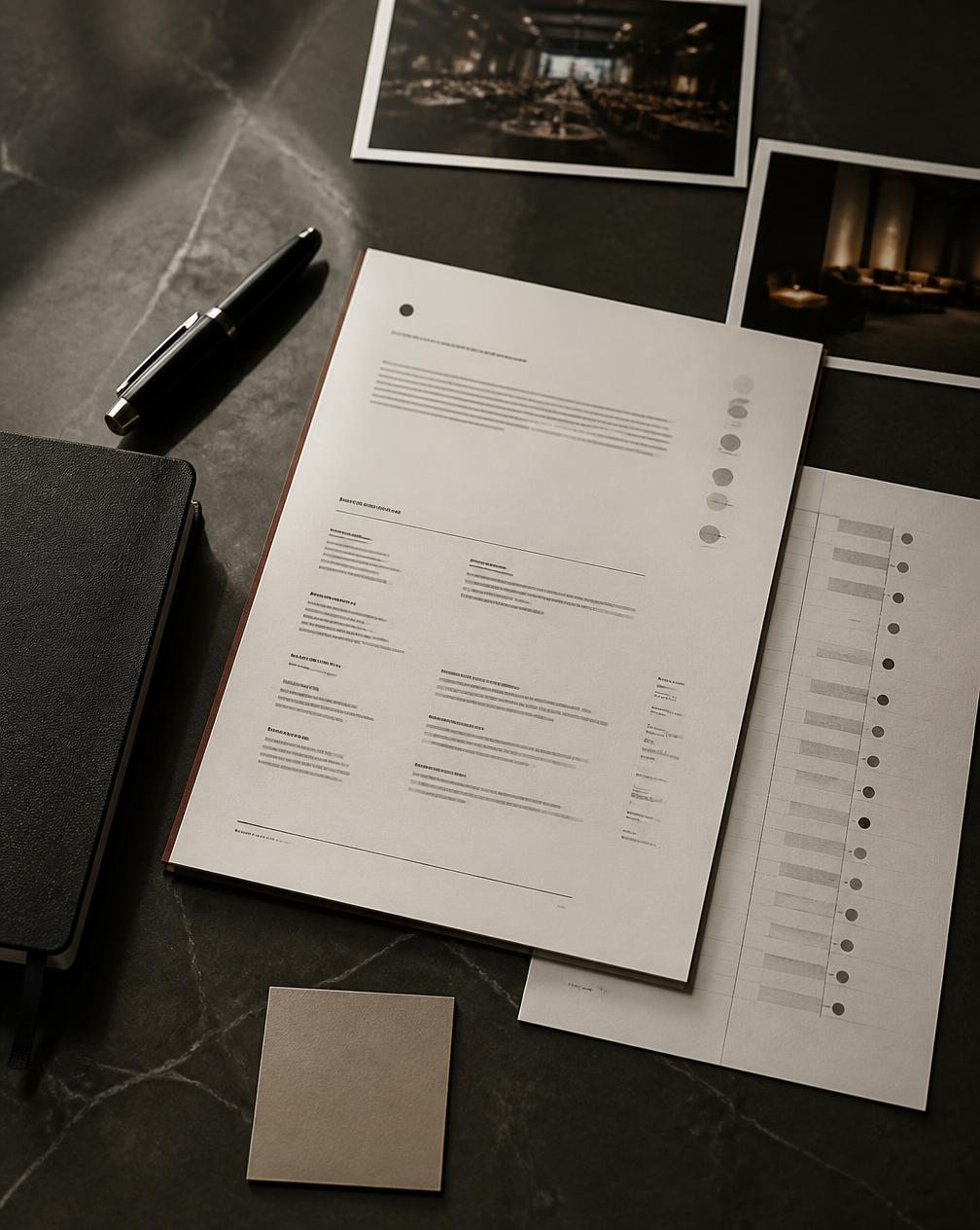 Hands over a notebook of handwritten event notes beside flowers and fabric references