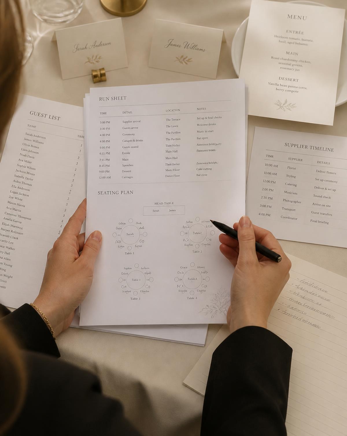 Hands reviewing an event run sheet and seating plan beside place cards, menus and a supplier timeline
