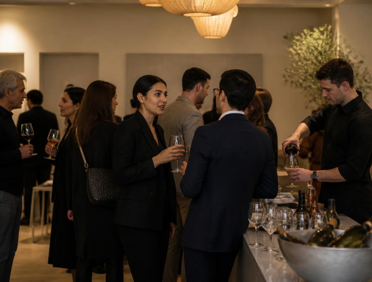 Guests networking with drinks in hand after a launch presentation