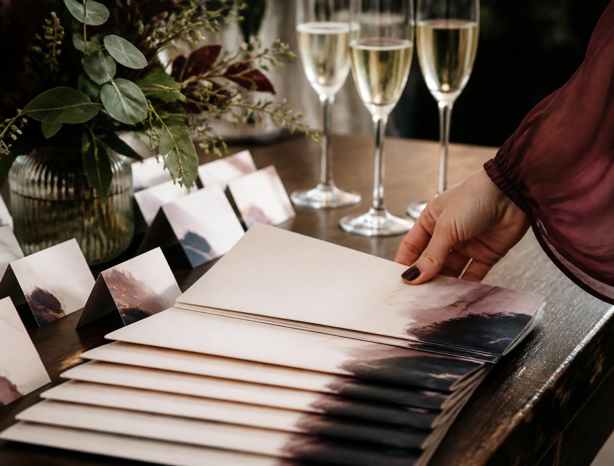 Printed programmes, name cards and champagne arranged on a welcome table