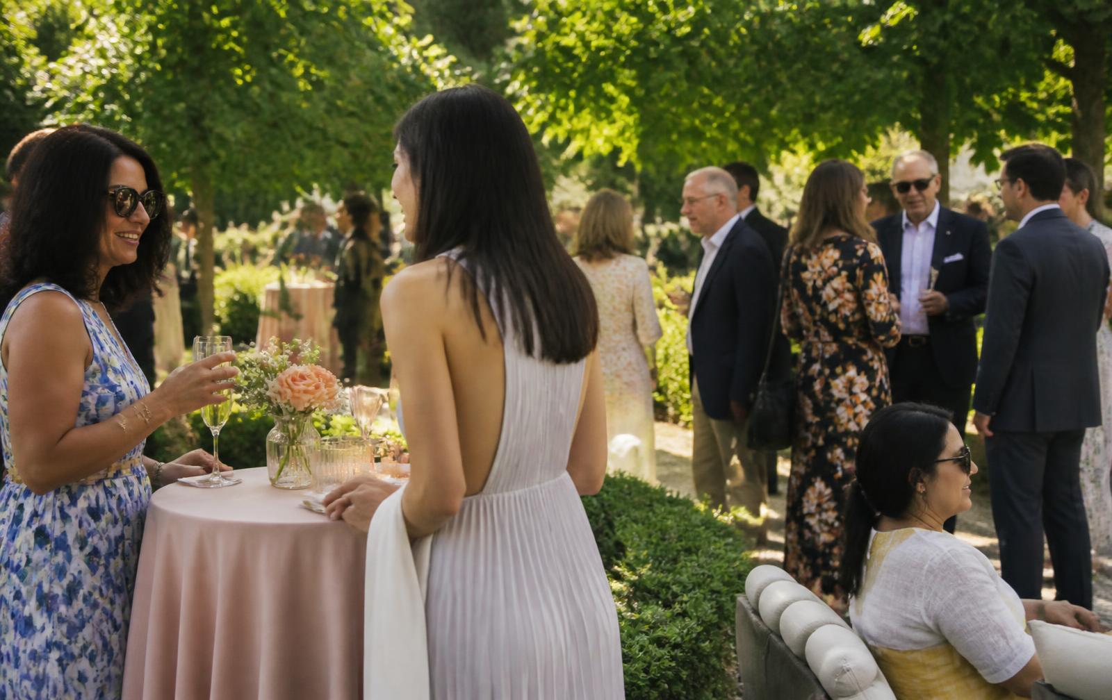 Guests mingling around cocktail tables and soft seating at a garden celebration in afternoon light