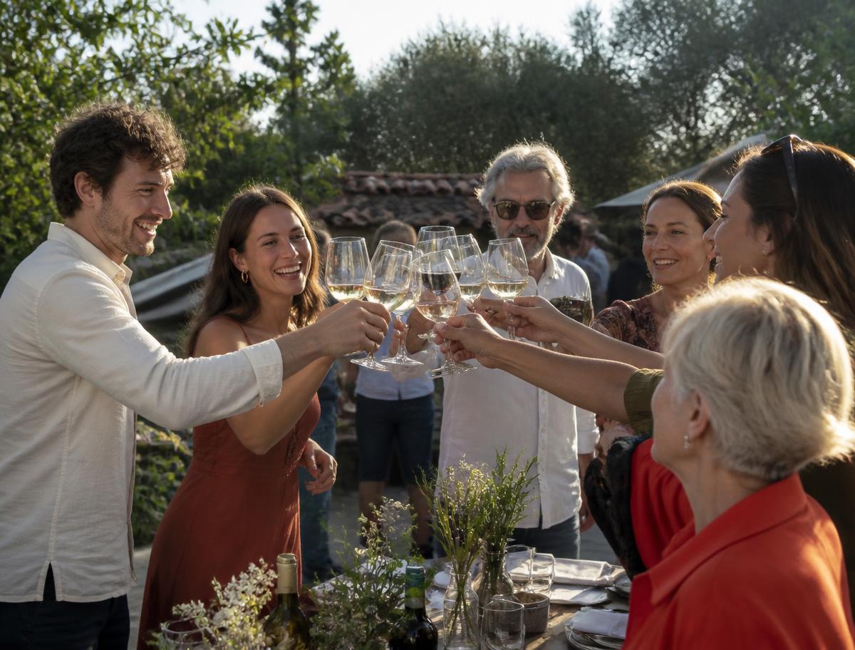 Friends and family raising their glasses in a toast at an outdoor celebration