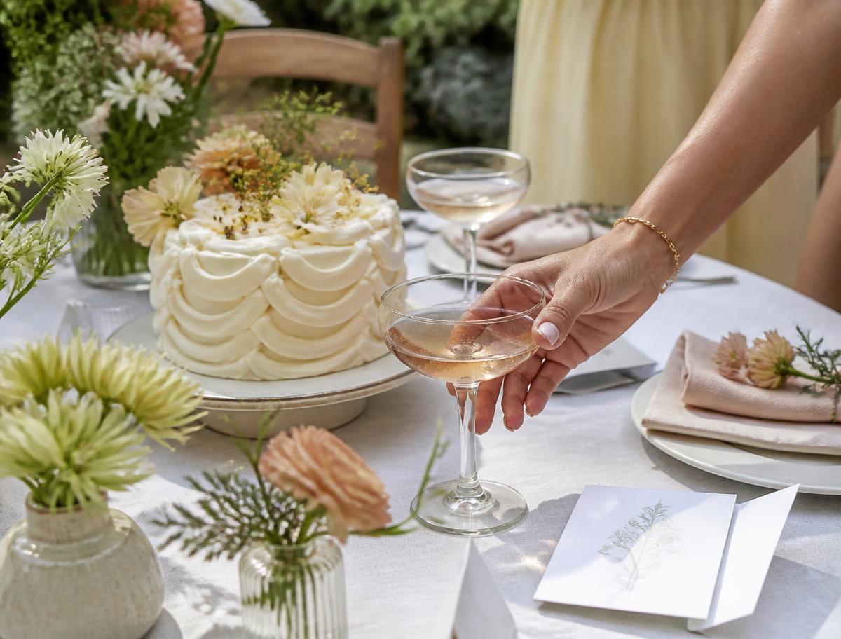 A celebration cake, coupe glasses, seasonal flowers and personalised cards on a garden table