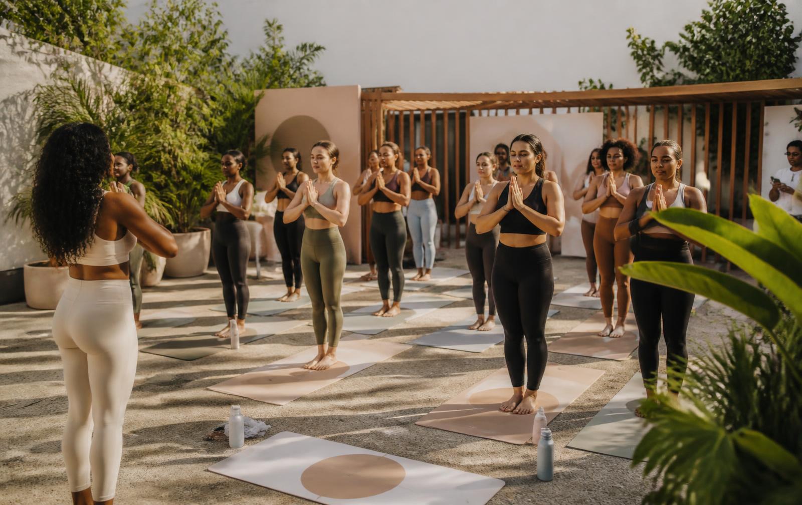 Guests taking part in an outdoor movement class on custom mats at a daytime brand activation