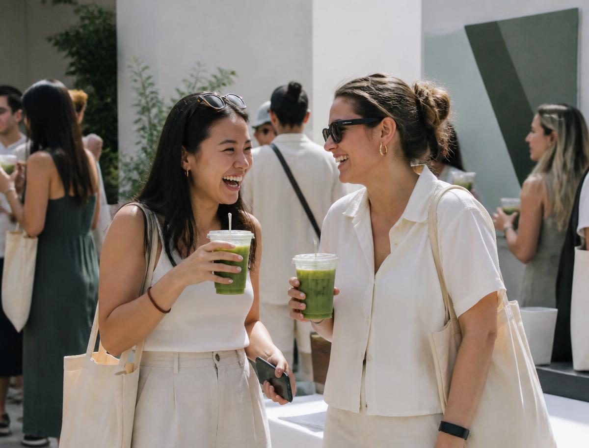Two guests laughing together with iced matcha drinks at an outdoor brand activation