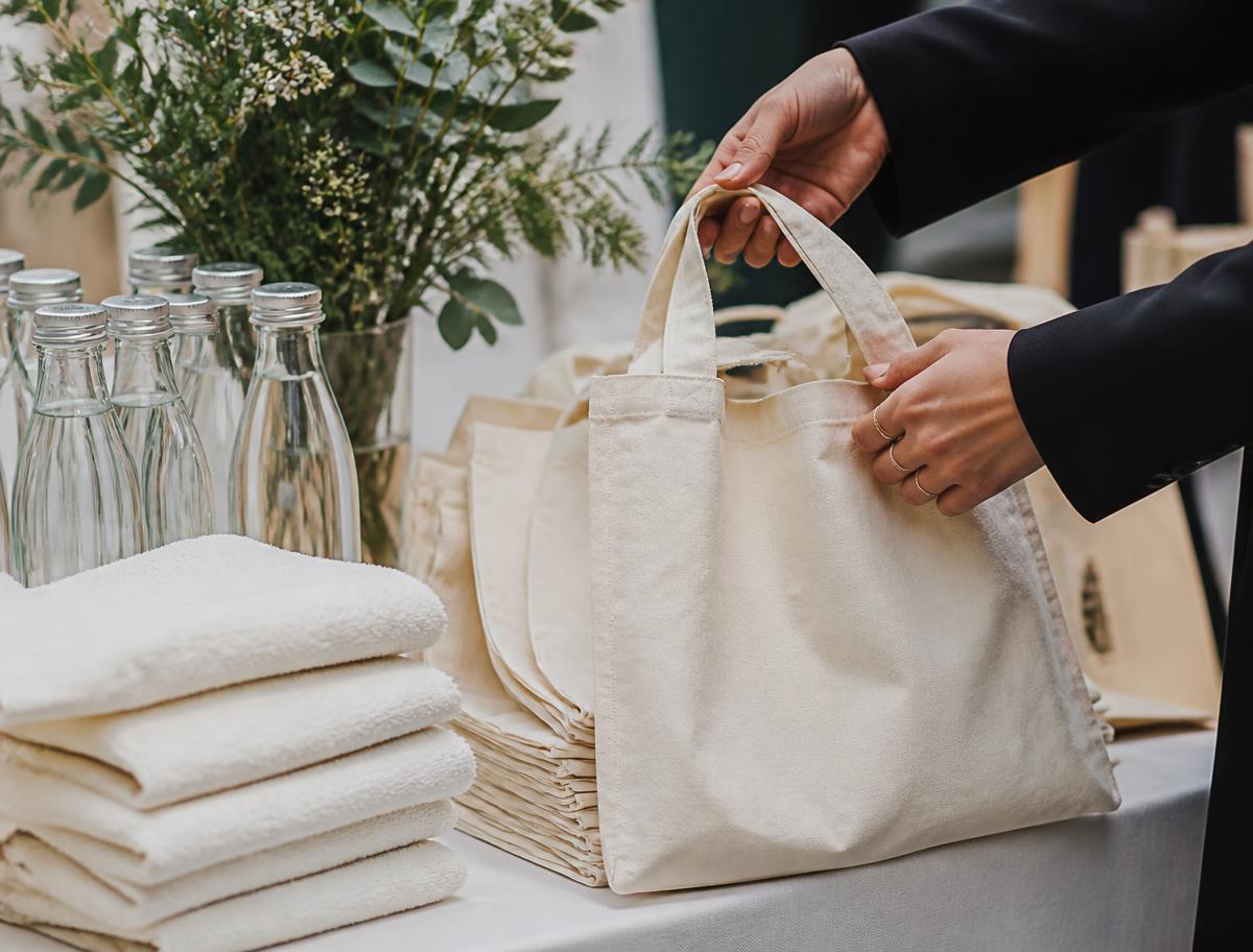 A gifting table of folded totes, glass bottles and foliage with a hand lifting one bag