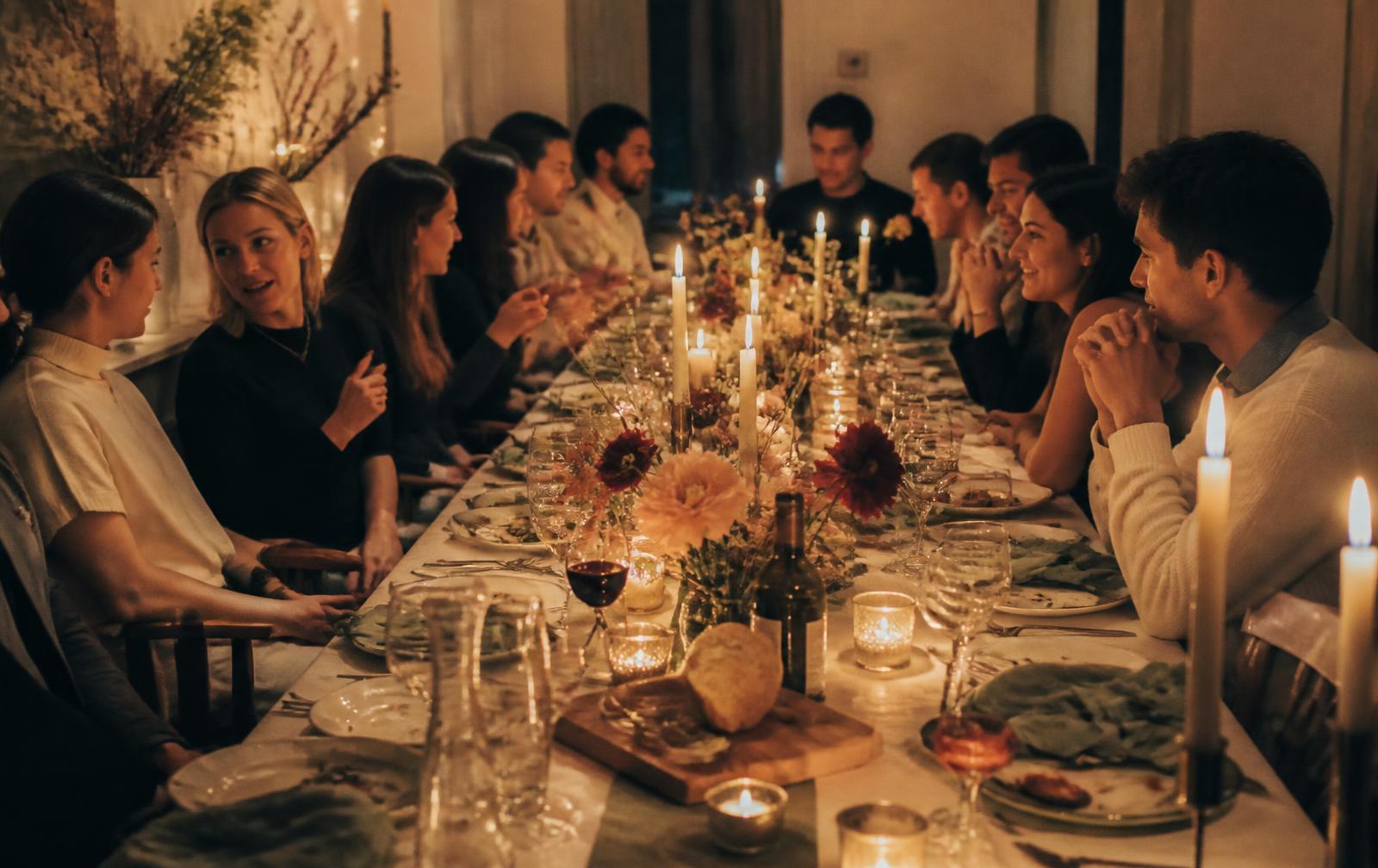 Friends seated along one long candlelit dinner table in a softly lit room