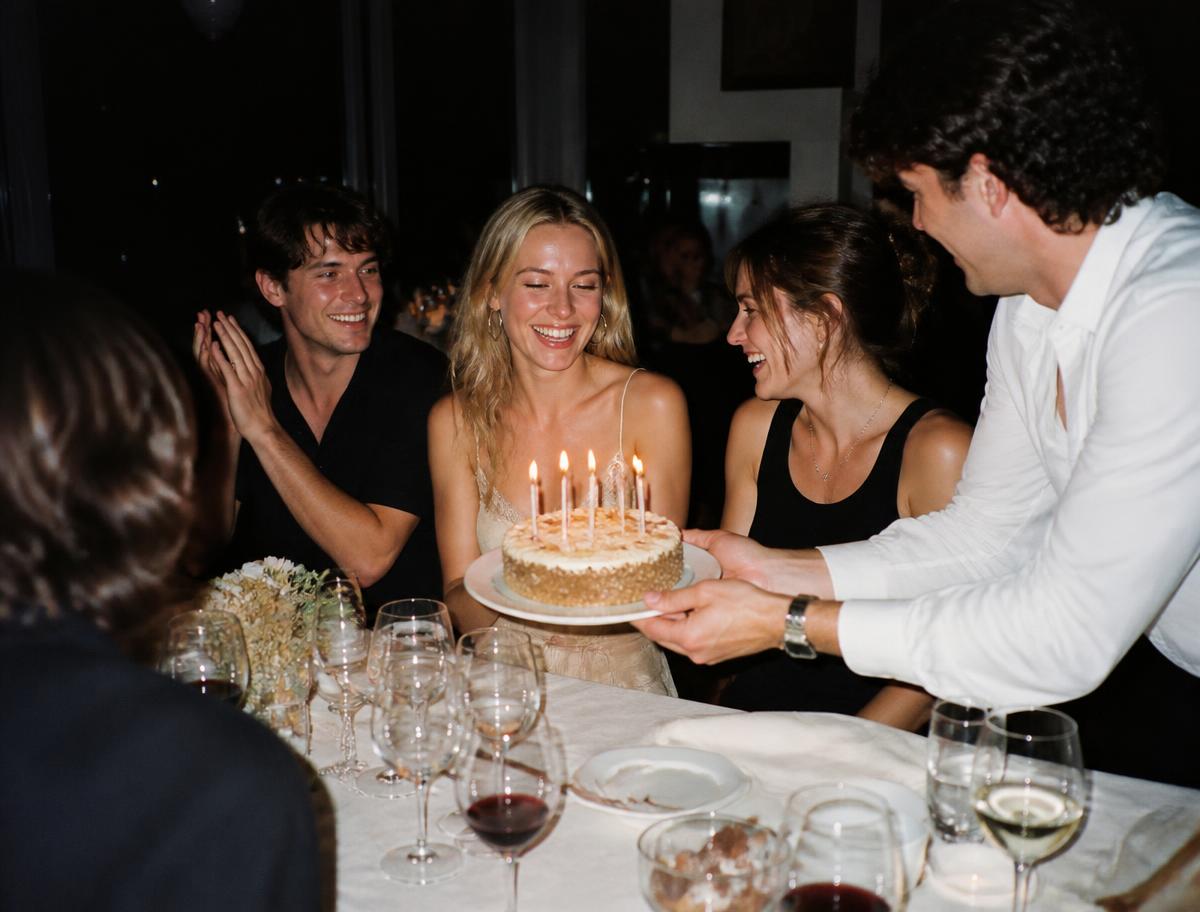 Friends laughing as a birthday cake with lit candles is carried to the table late in the evening