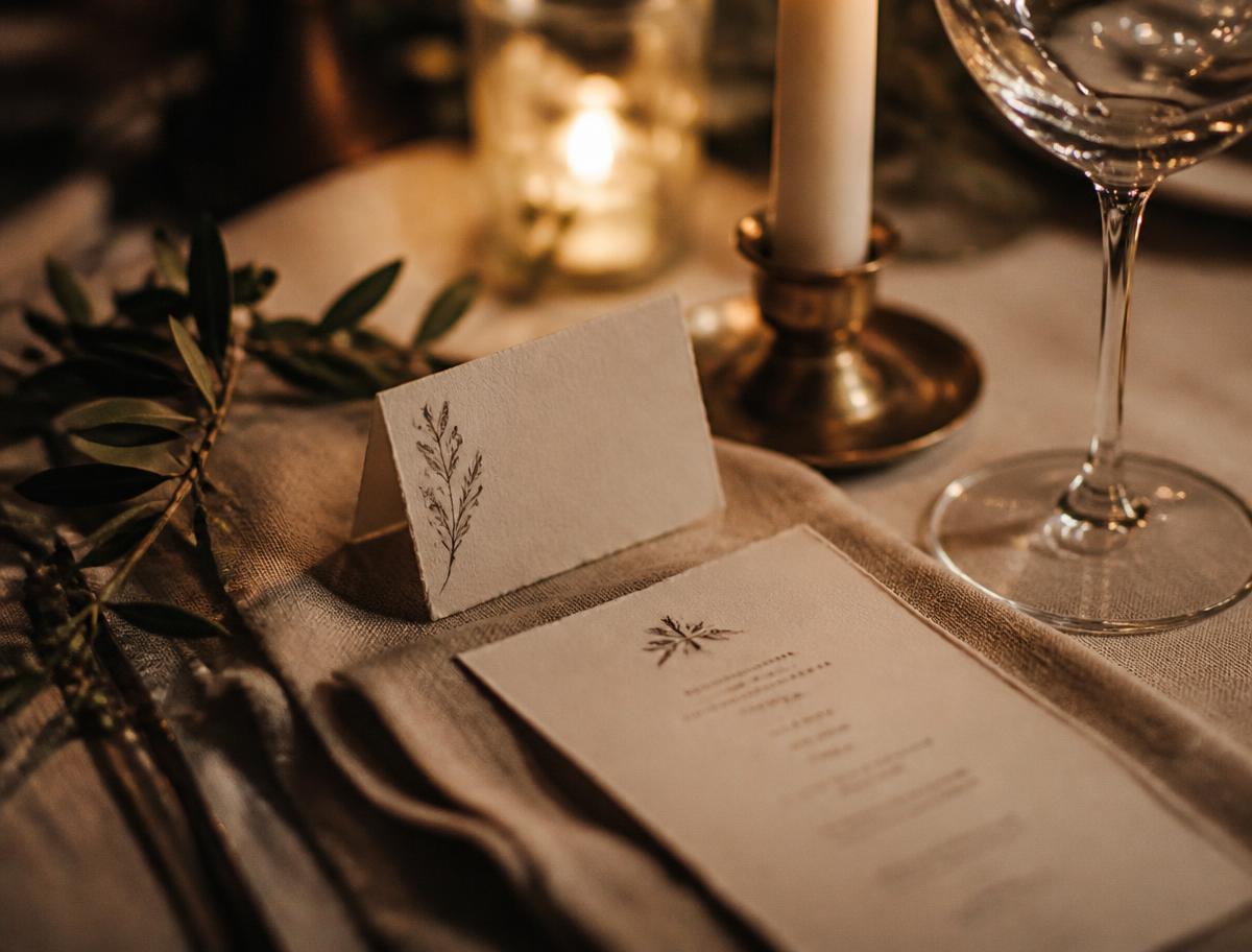 A handwritten place card and printed menu beside a taper candle and wine glass on layered linen
