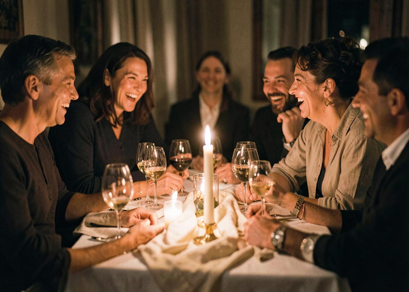 Friends laughing together around a candlelit dinner table at a private celebration